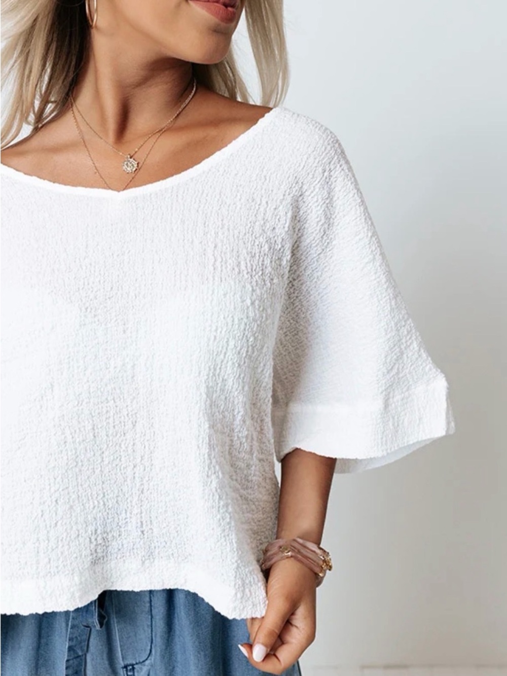 Flawless White Textured Short-Sleeve Women’s Blouse